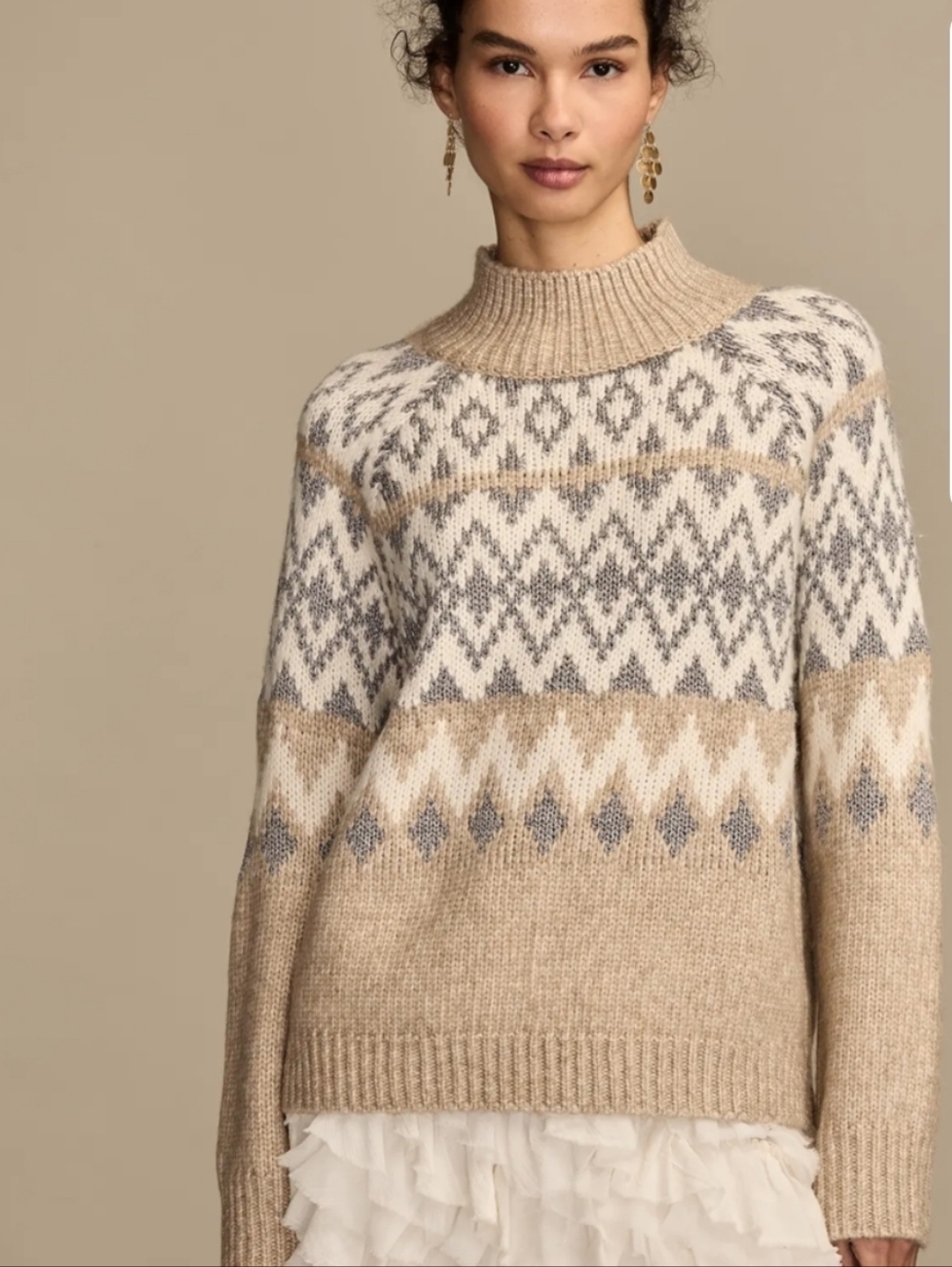 NWT Lucky Brand Cream Heather Fair Isle Mock Neck Sweater Festive Metallic Sz XL